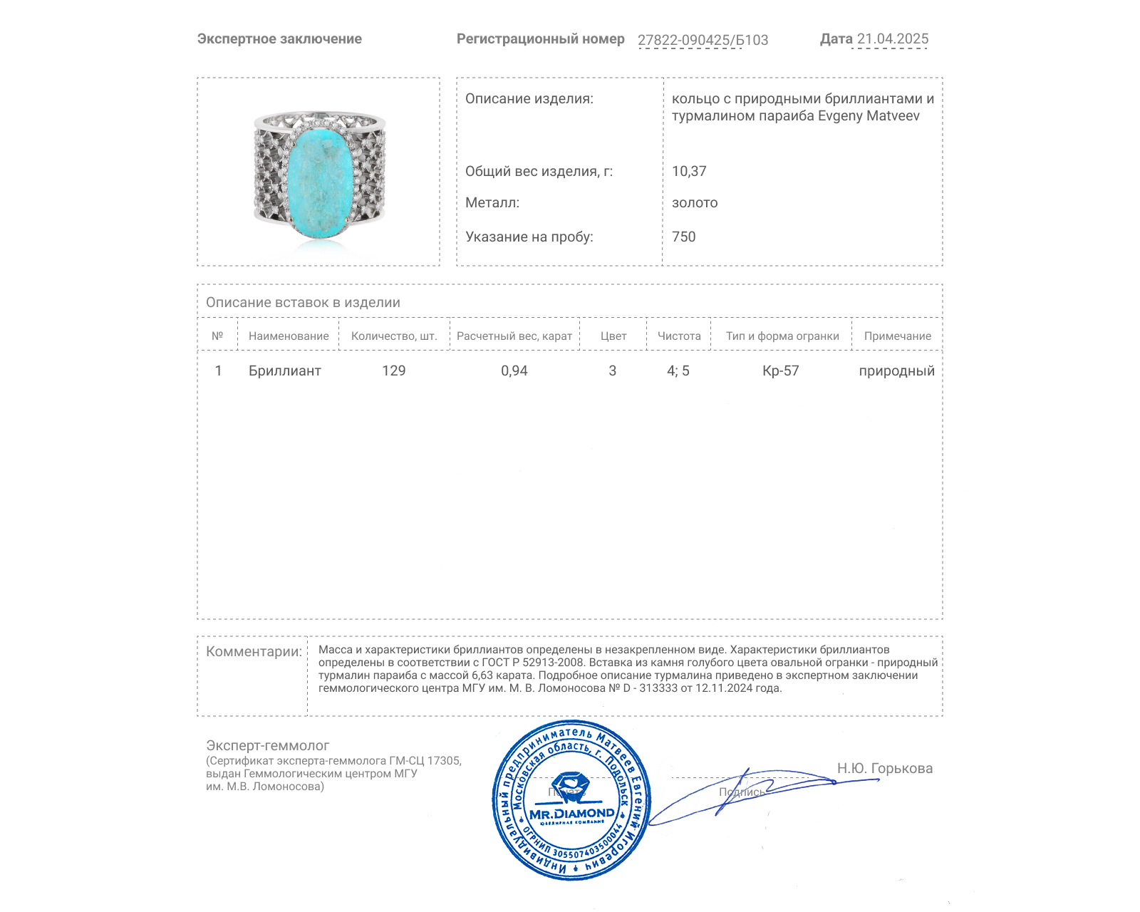 Золотое кольцо с турмалином параиба 6.63ct Evgeny Matveev