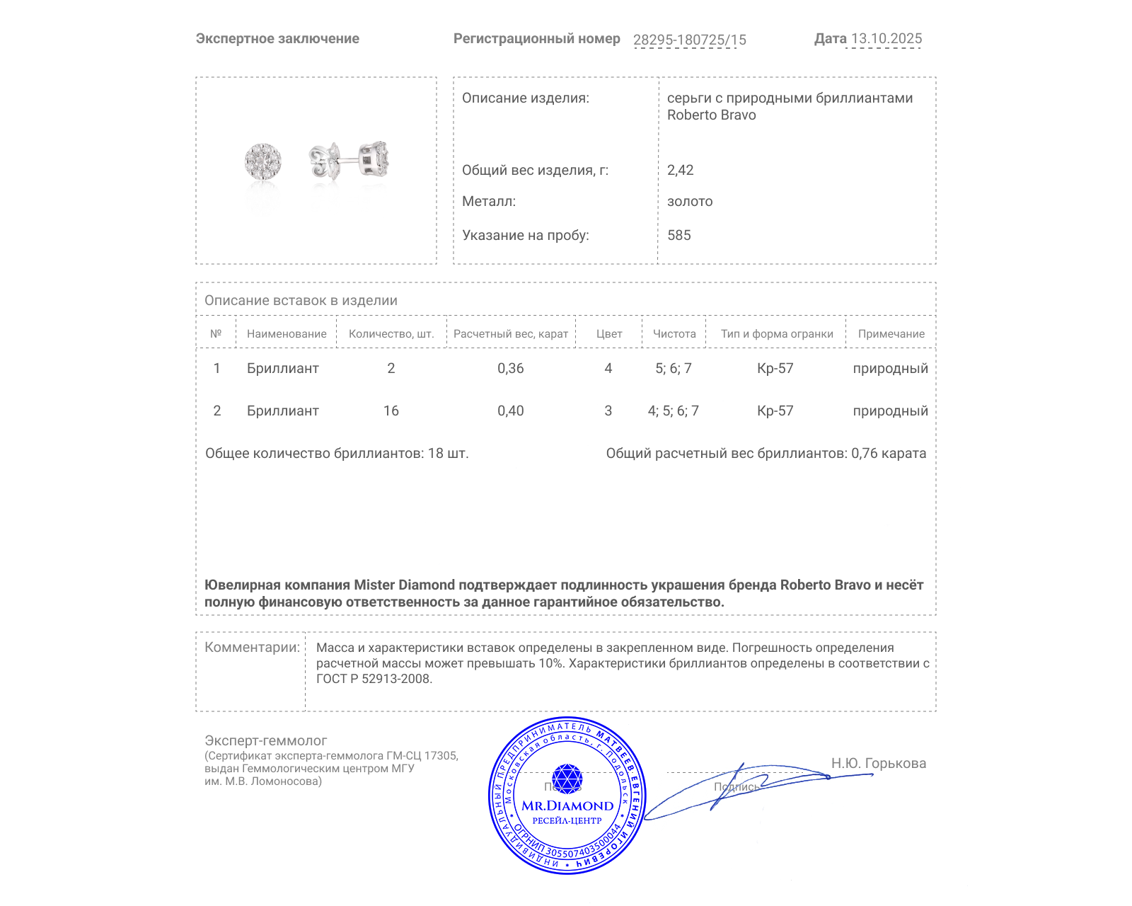 Оригинальные золотые серьги с бриллиантами 0.76ct Roberto Bravo