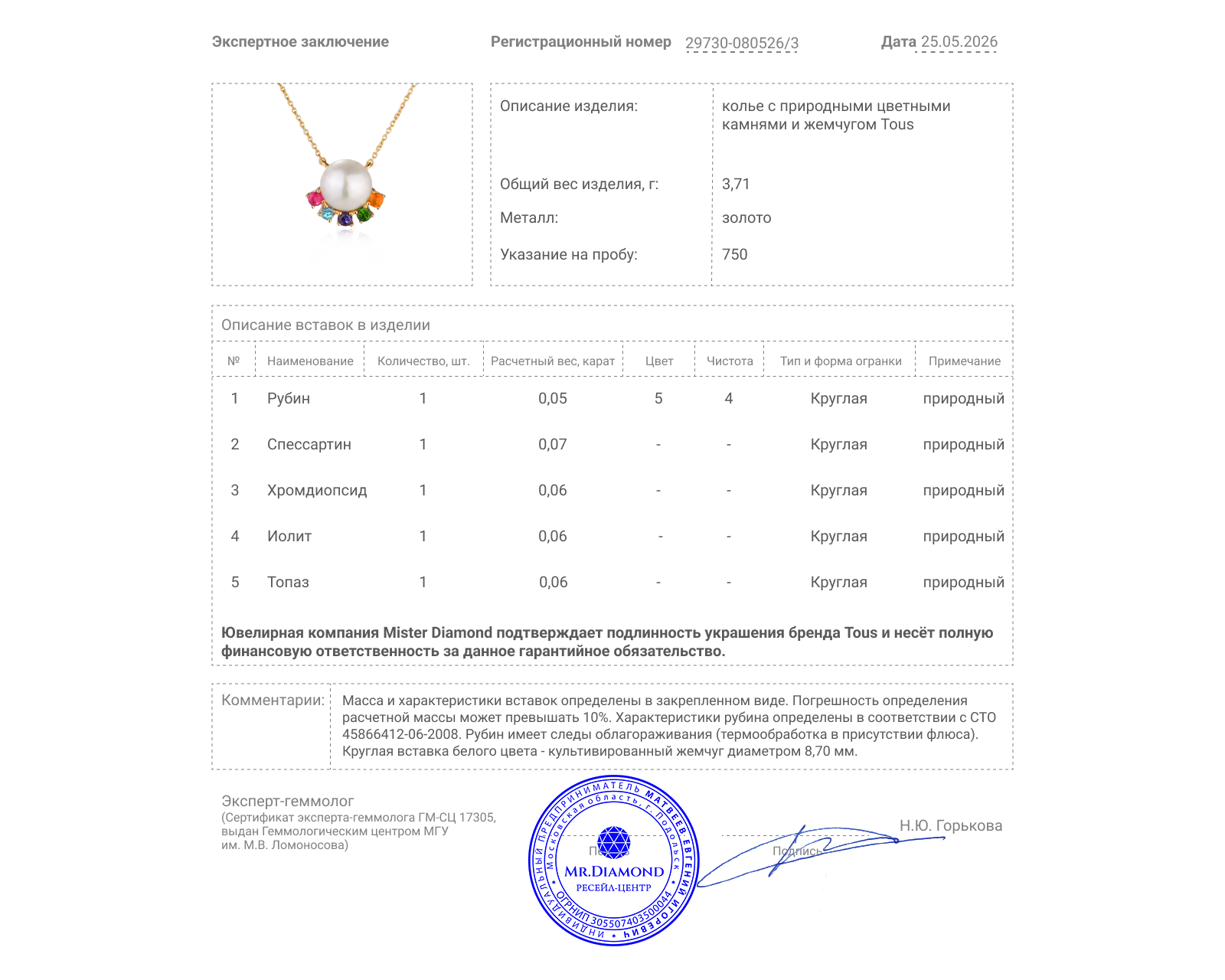 Оригинальное золотое колье с цветными камнями 0.30ct Tous