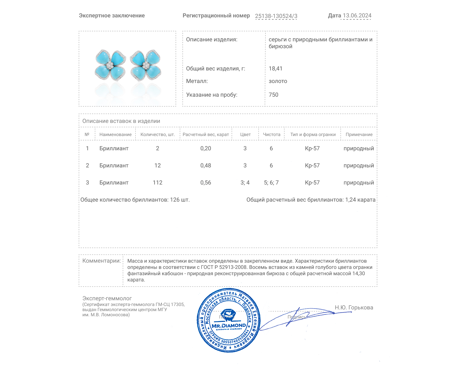 Золотые серьги с бирюзой 14.30ct и бриллиантами 1.24ct