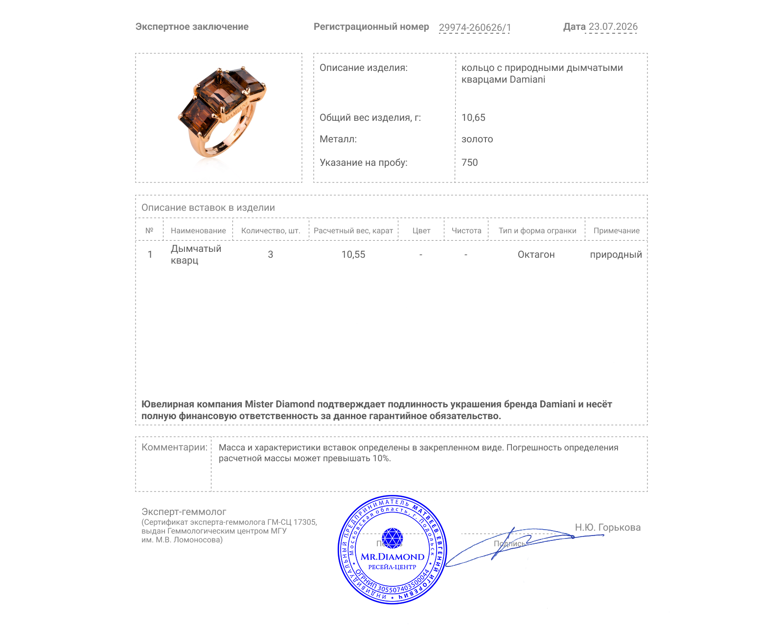 Оригинальное золотое кольцо с дымчатым кварцем 10.55ct Damiani