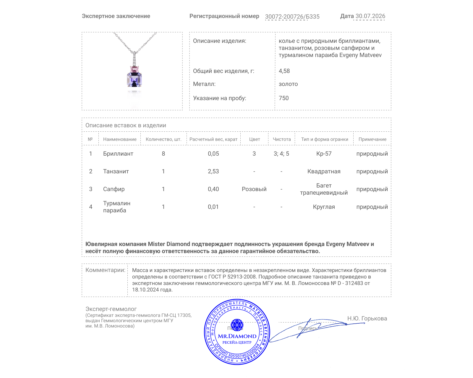 Золотое колье с танзанитом 2.53ct Evgeny Matveev