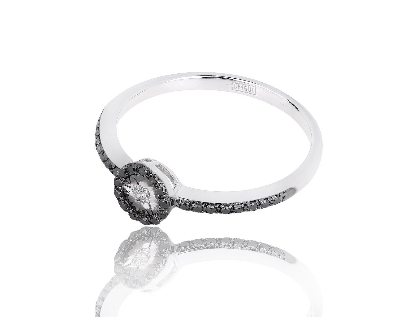 Утонченное золотое кольцо с черными и белыми бриллиантами 0.14ct