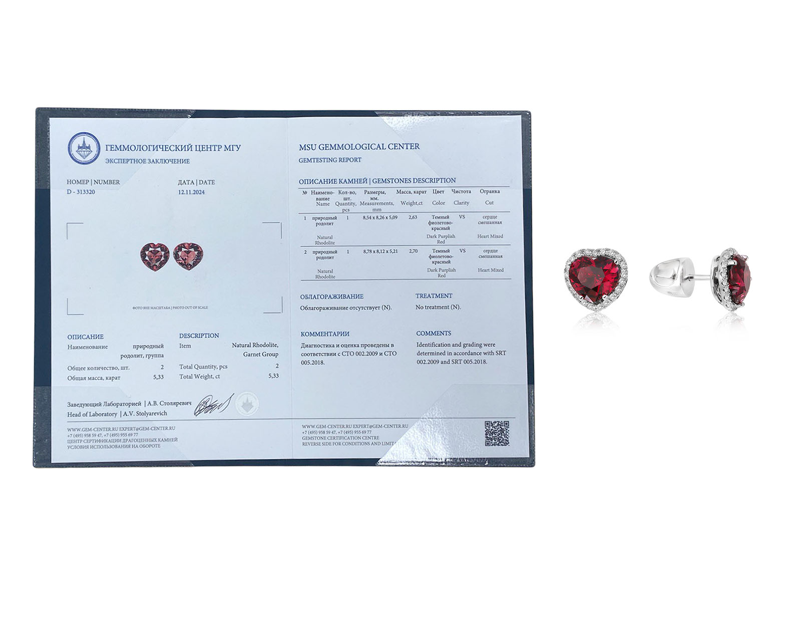 Золотые серьги с родолитами 5.33ct Evgeny Matveev