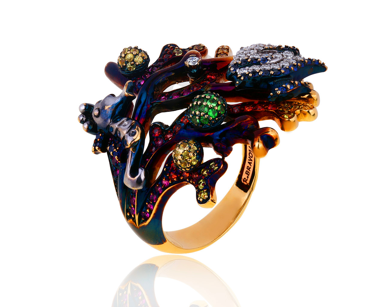 Оригинальное золотое кольцо с бриллиантами и сапфирами Roberto Bravo 070519/3