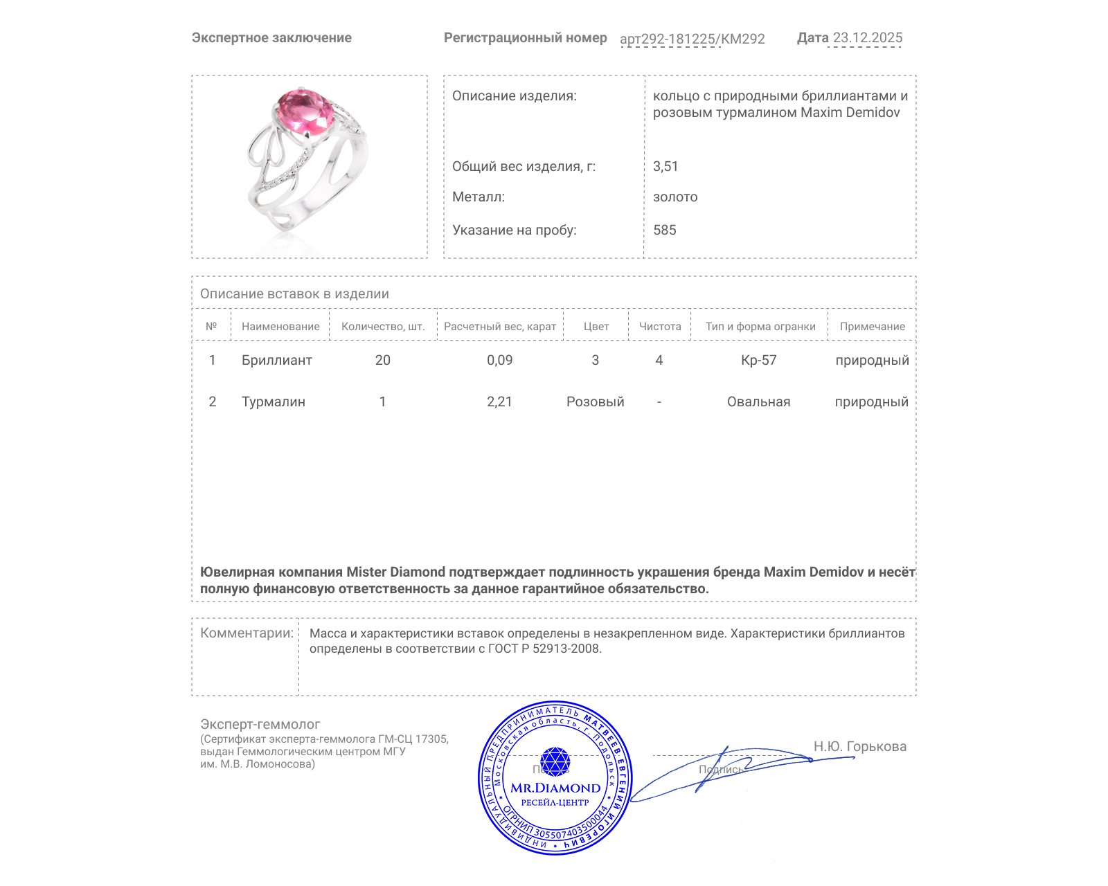 Оригинальное золотое кольцо с розовым турмалином 2.21ct Maxim Demidov