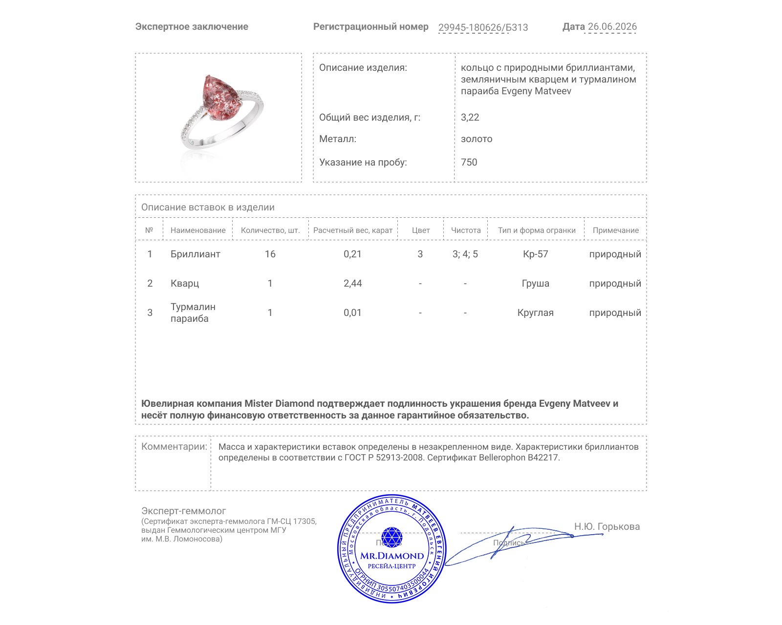 Золотое кольцо с кварцем 2.44ct Evgeny Matveev