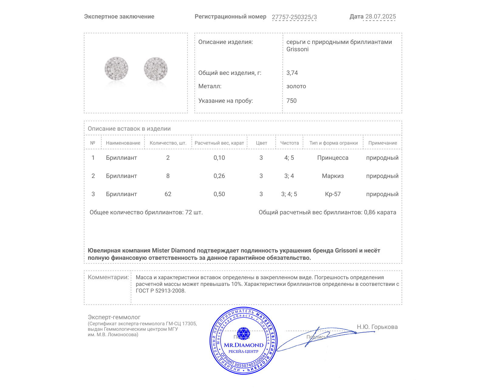 Оригинальные золотые серьги с бриллиантами 0.86ct Grissoni