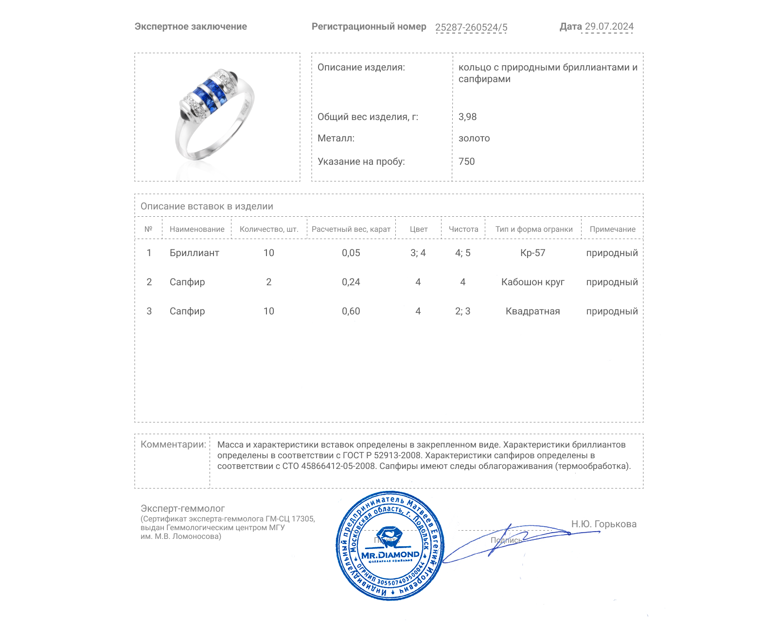 Золотое кольцо с сапфирами 0.84ct и бриллиантами 0.05ct