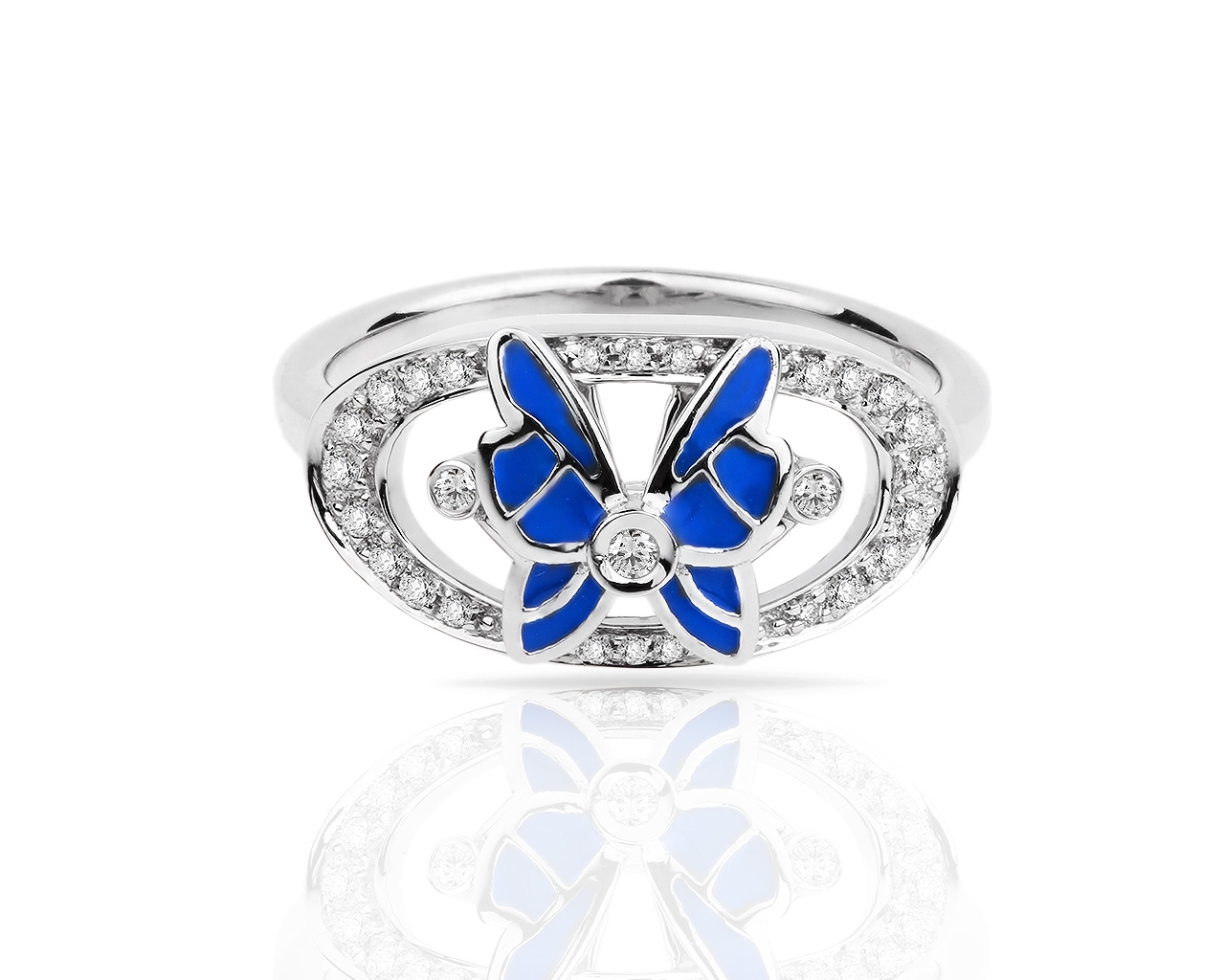 Золотое кольцо "Бабочка" с синими эмалями и бриллиантами 