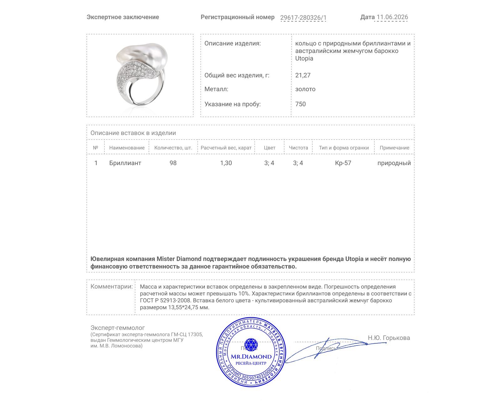 Оригинальное золотое кольцо с бриллиантами 1.30ct Utopia