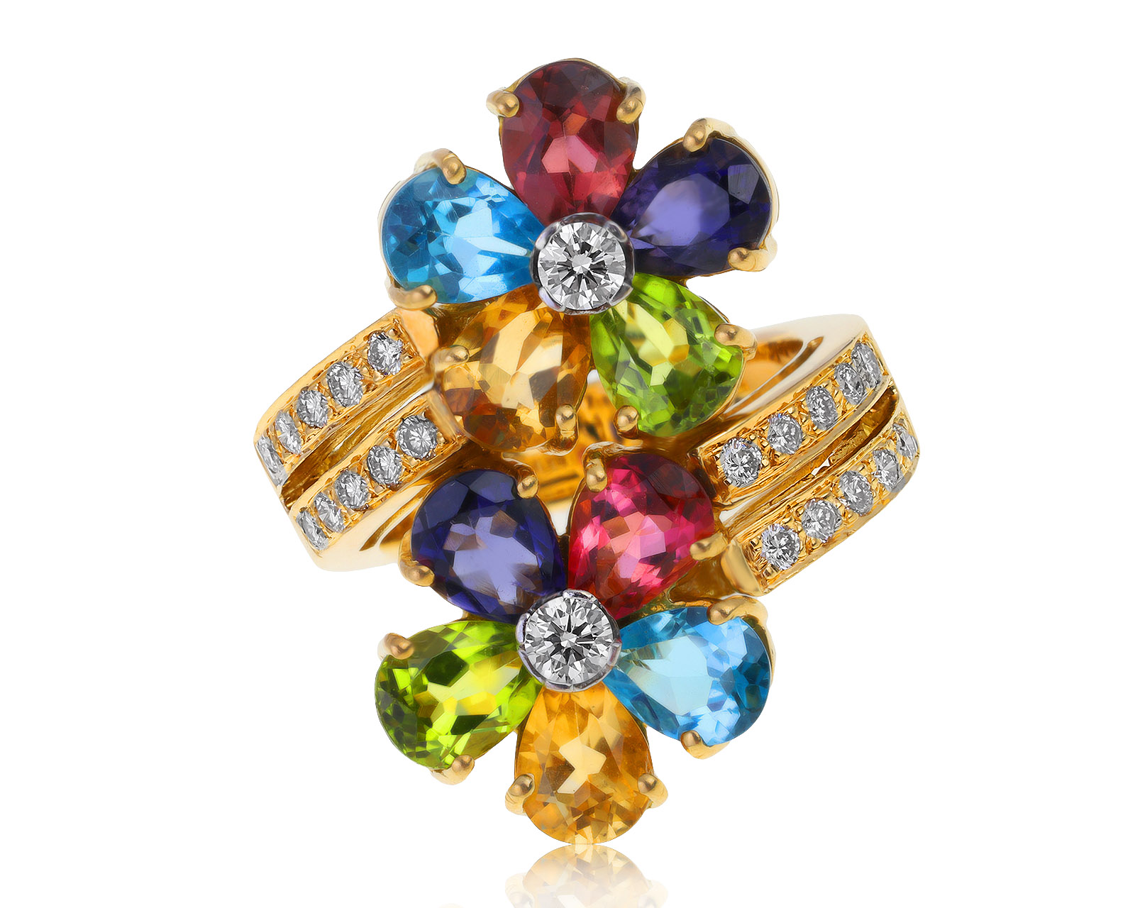 Коктейльное золотое кольцо с цветными камнями 3.91ct