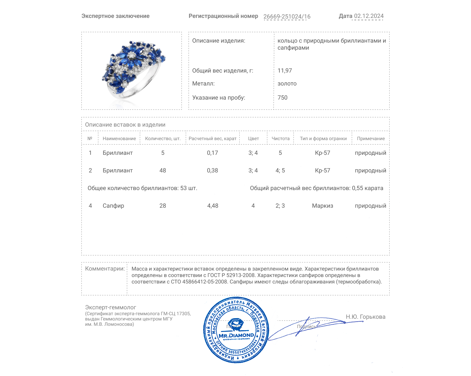 Золотое кольцо с сапфирами 4.48ct и бриллиантами 0.55ct