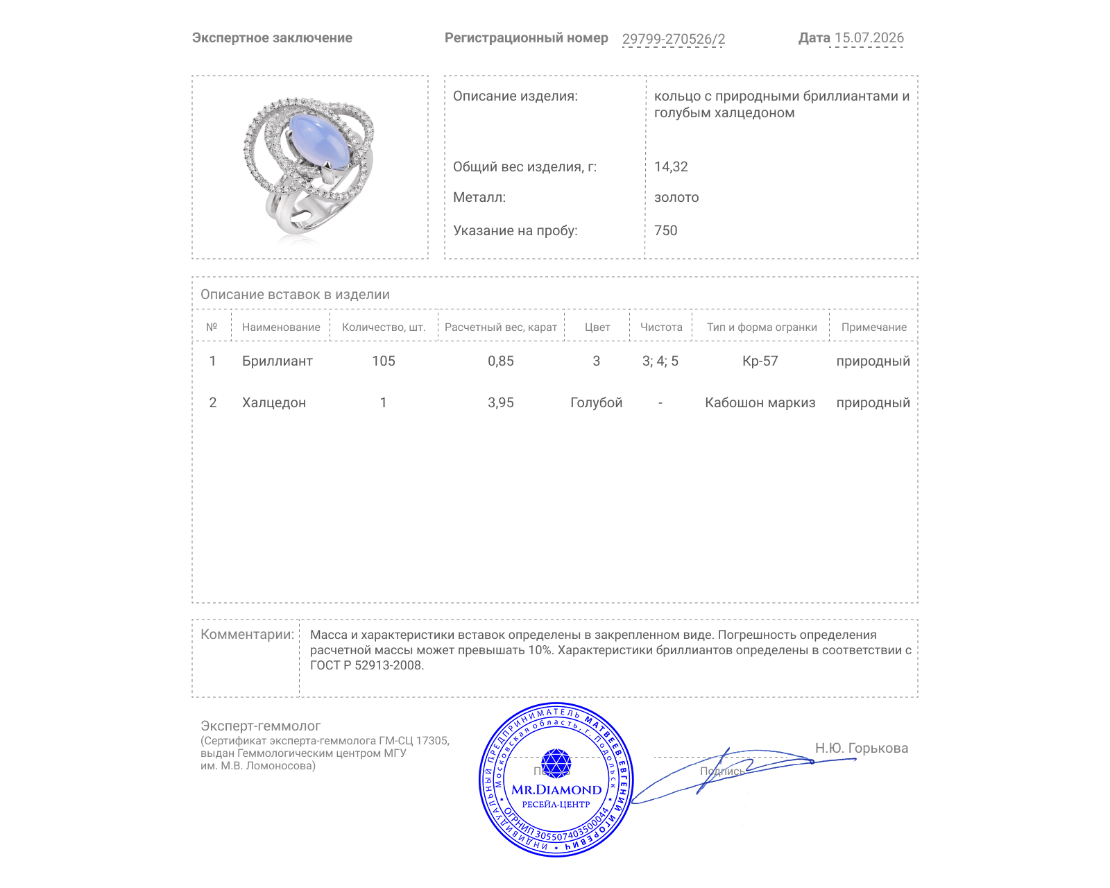 Золотое кольцо с халцедоном 3.95ct и бриллиантами 0.85ct