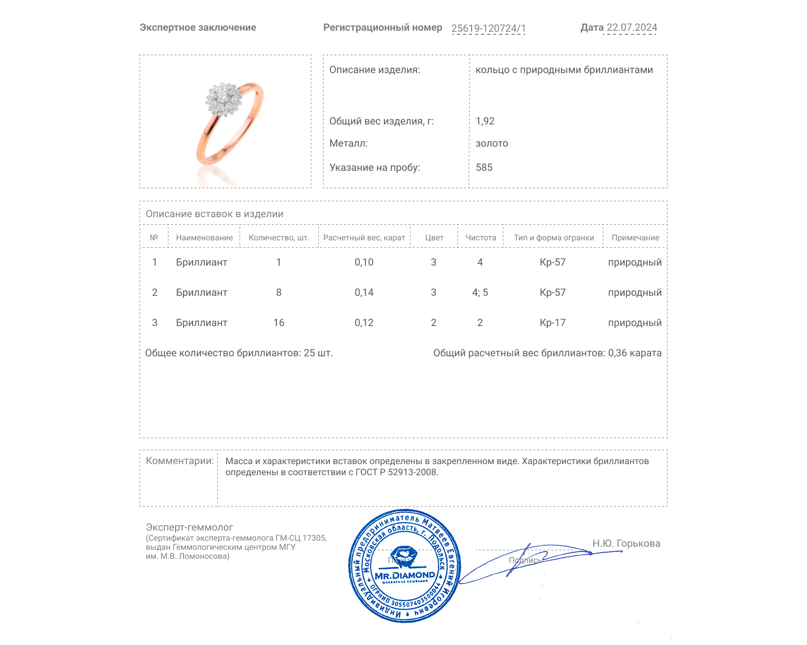 Золотое кольцо с бриллиантами 0.36ct