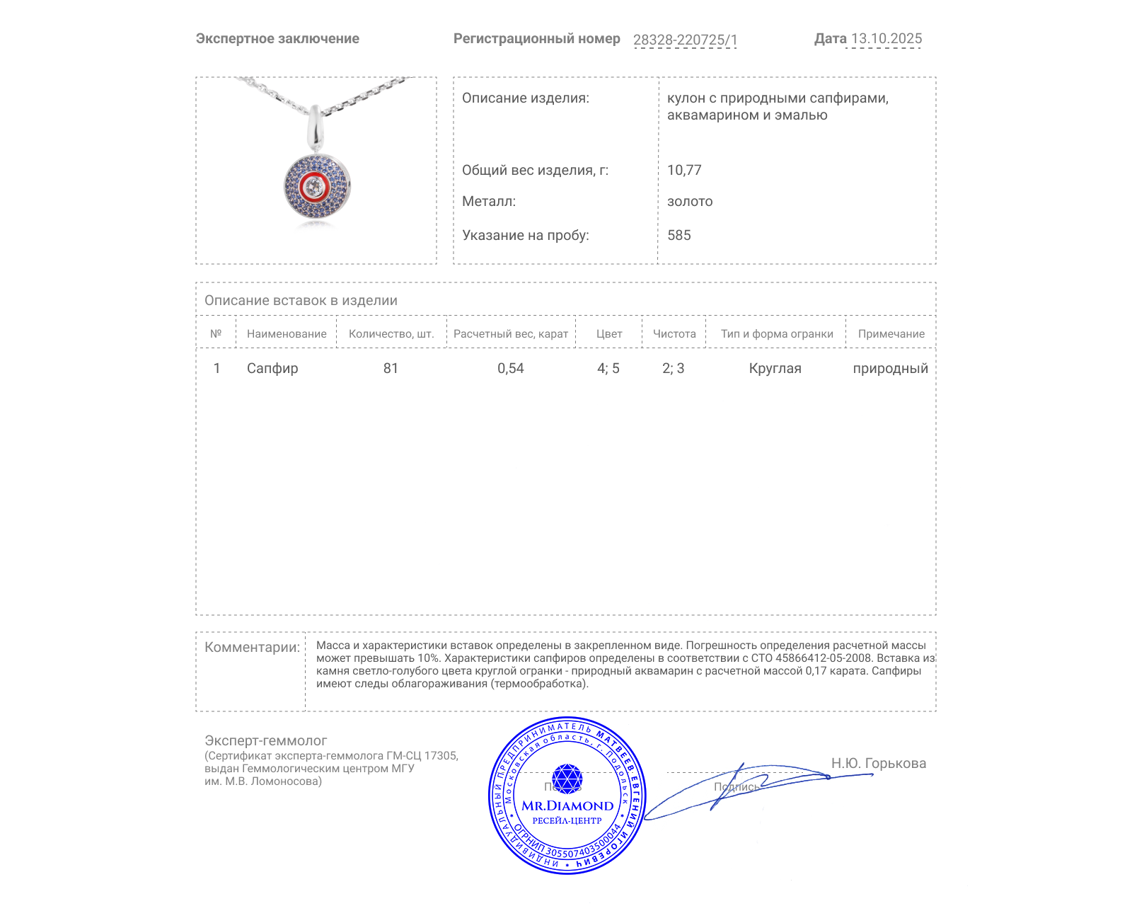 Золотой кулон с сапфирами 0.54ct и аквамарином 0.17ct