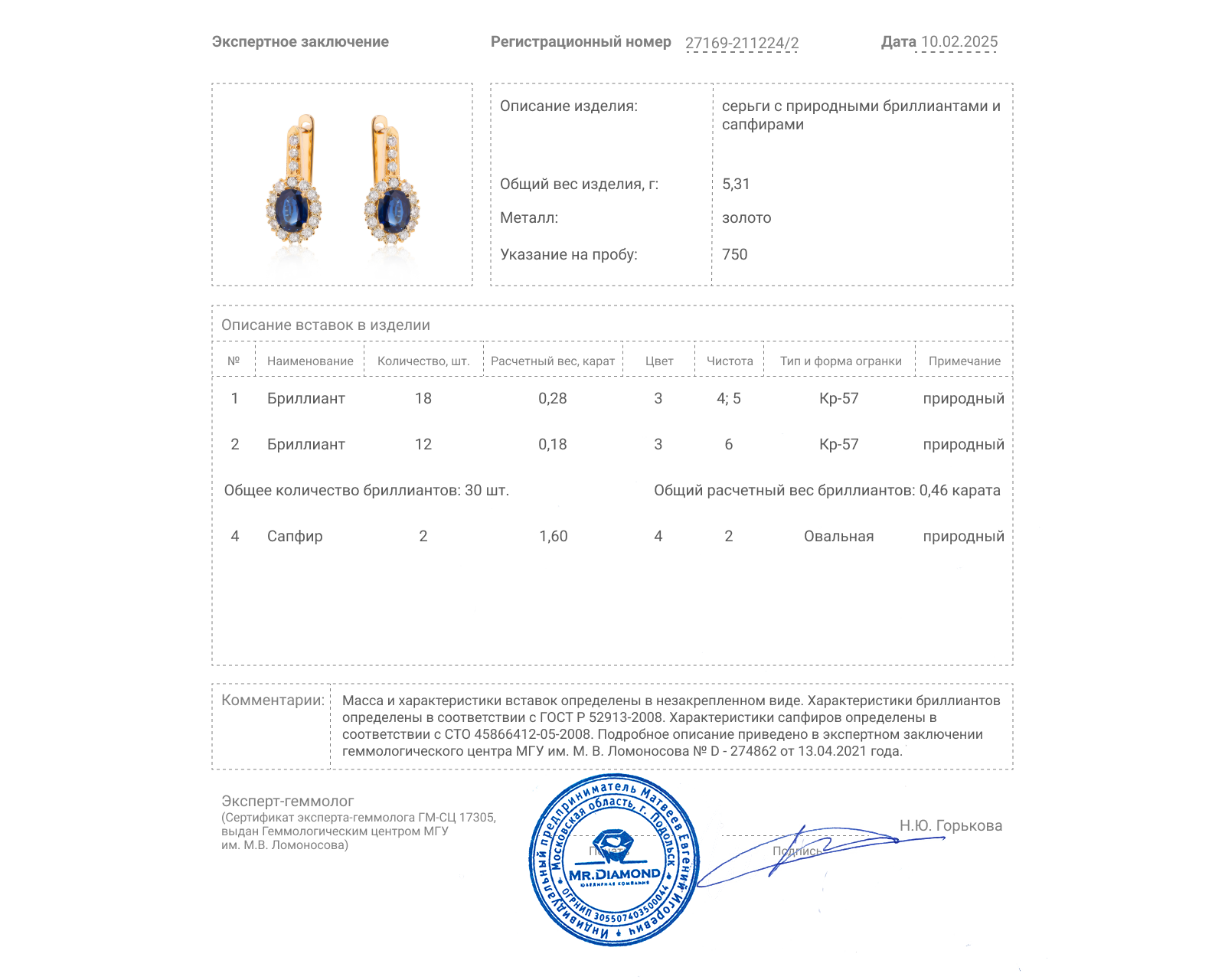 Золотые серьги с сапфирами 1.60ct и бриллиантами 0.46ct