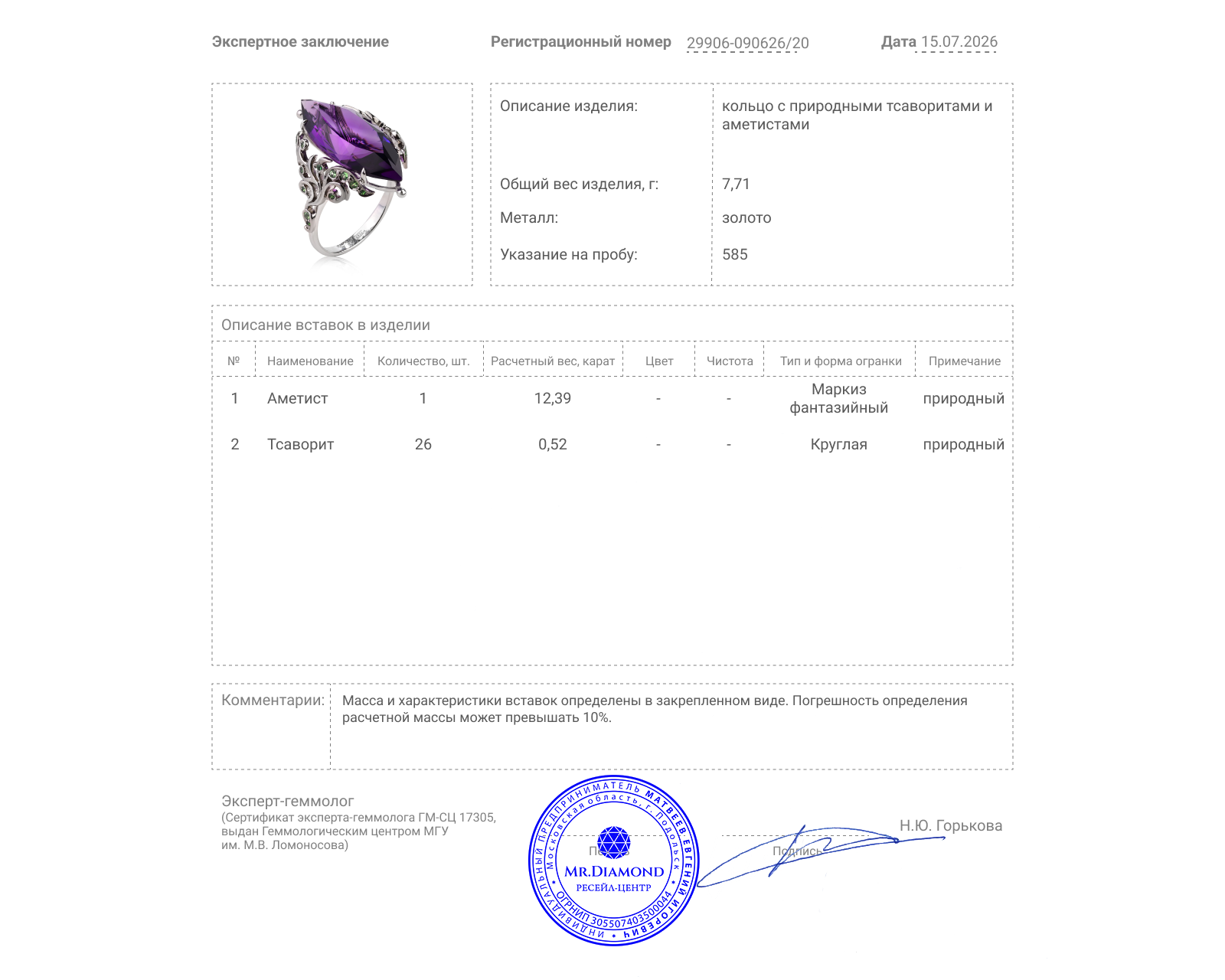 Золотое кольцо с аметистом 12.39ct и тсаворитами 0.52ct