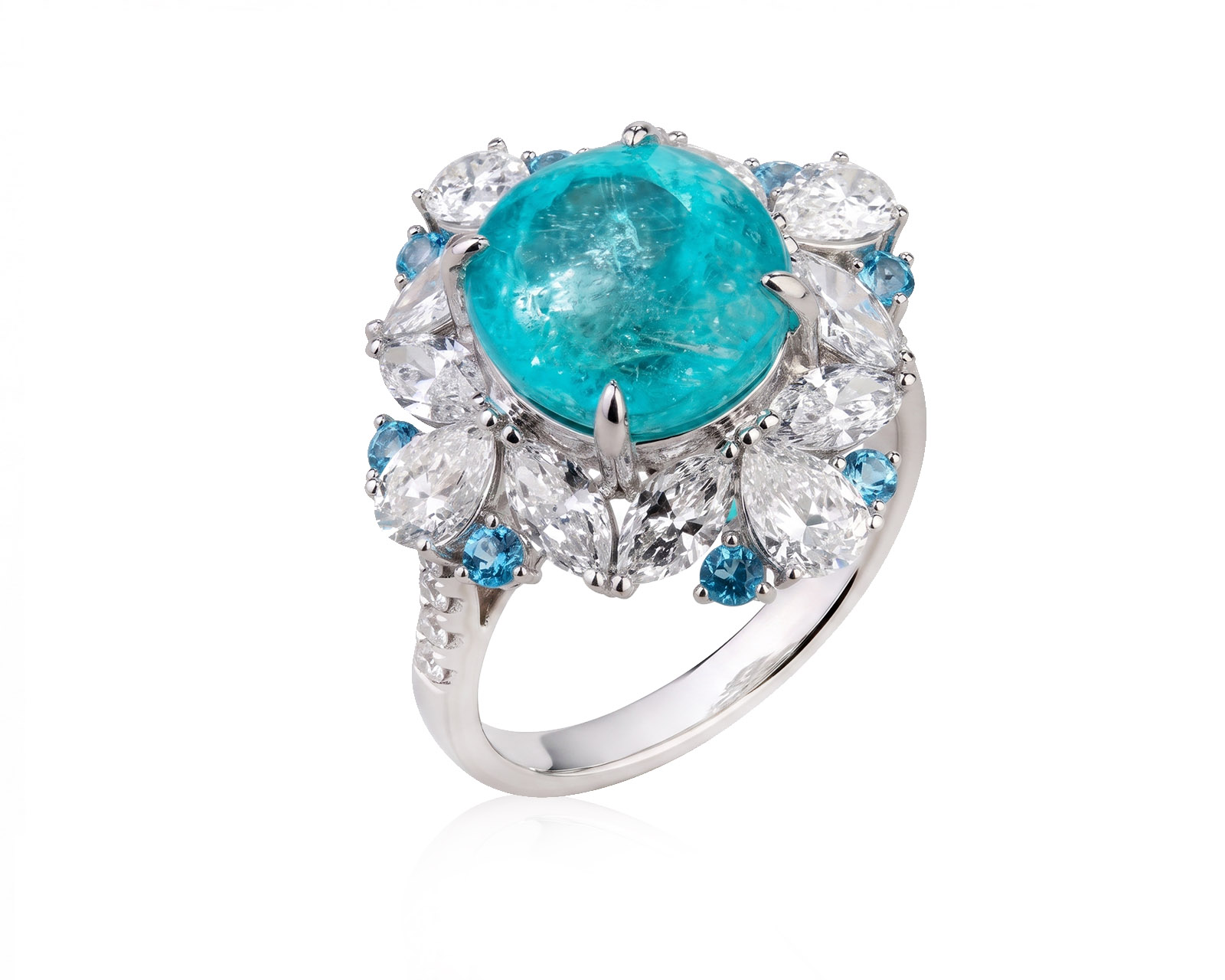 Платиновое кольцо с турмалином параиба 5.58ct и топазами 0.32ct 150526/7