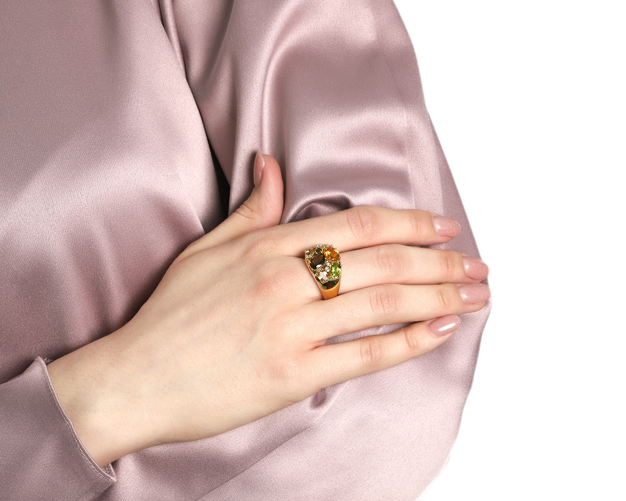 Праздничное золотое кольцо с цветными камнями 3.15ct