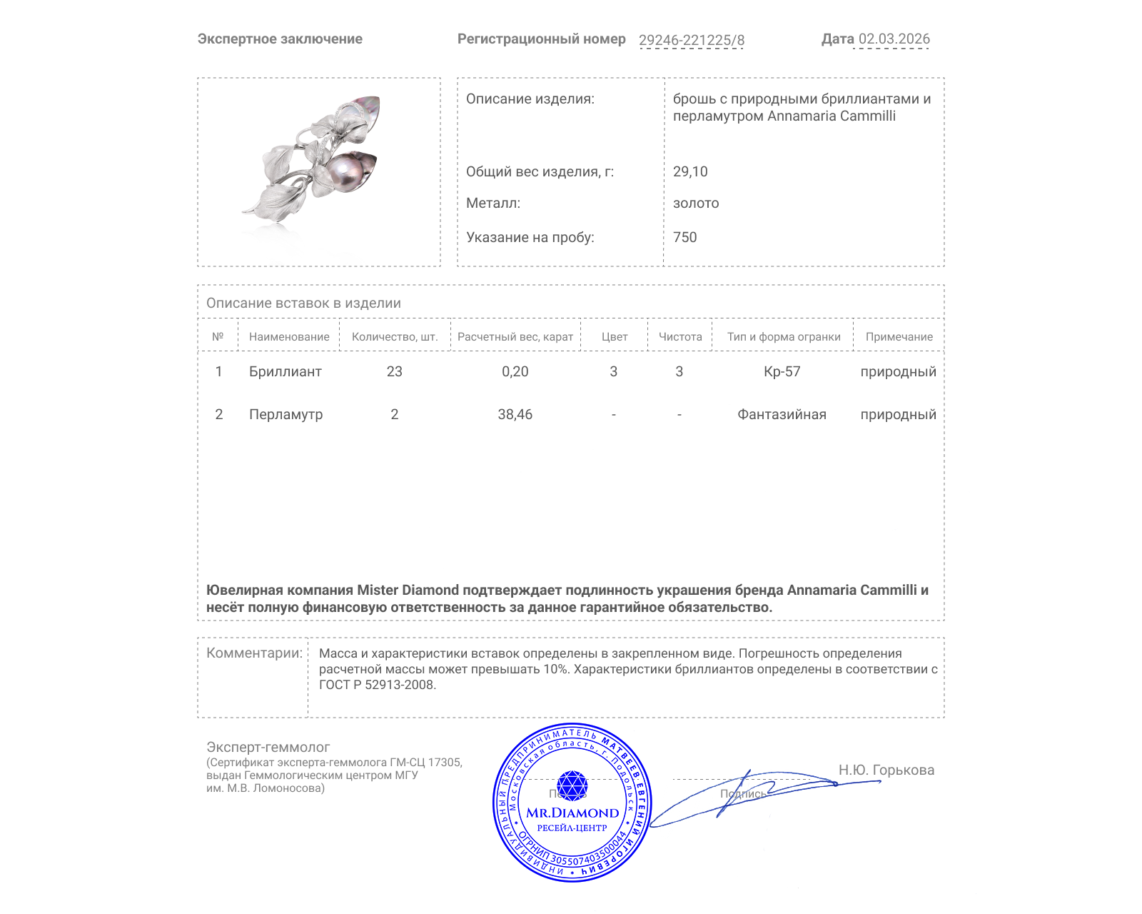 Оригинальная золотая брошь с перламутром 38.46ct Annamaria Cammilli