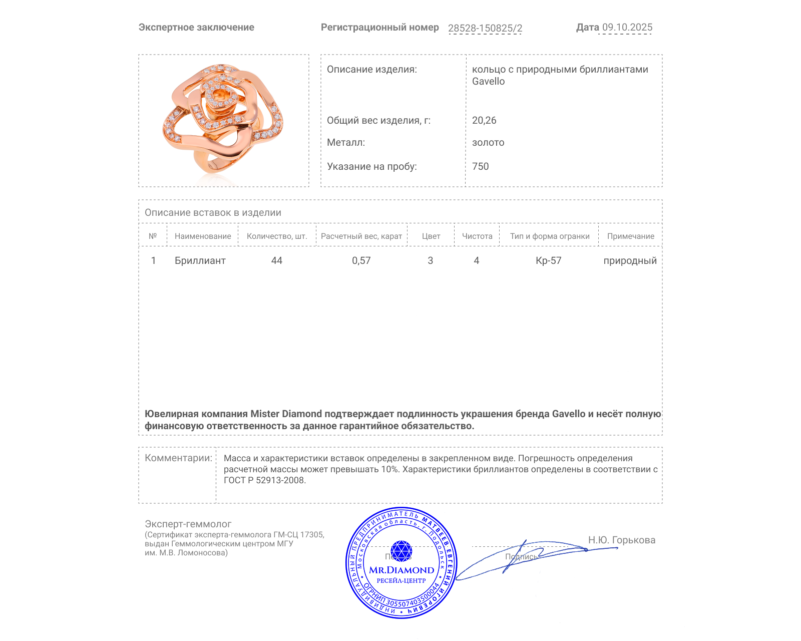 Оригинальное золотое кольцо с бриллиантами 0.57ct Gavello