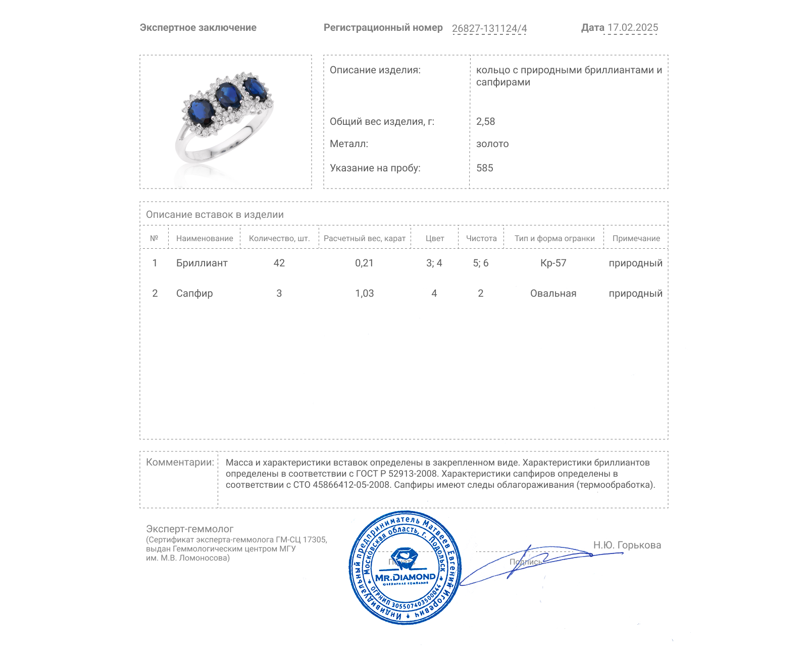 Золотое кольцо с сапфирами 1.03ct и бриллиантами 0.21ct