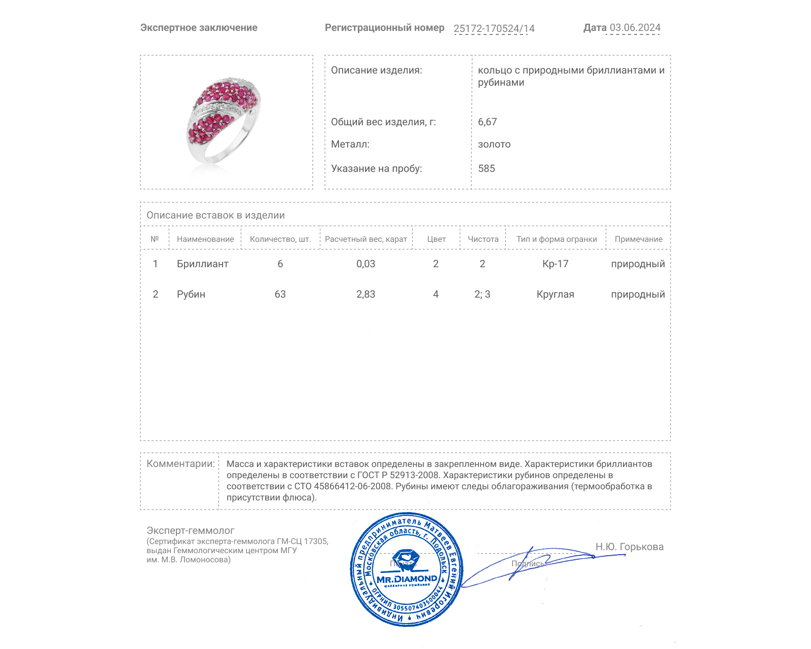 Золотое кольцо с рубинами 2.83ct и бриллиантами 0.03ct