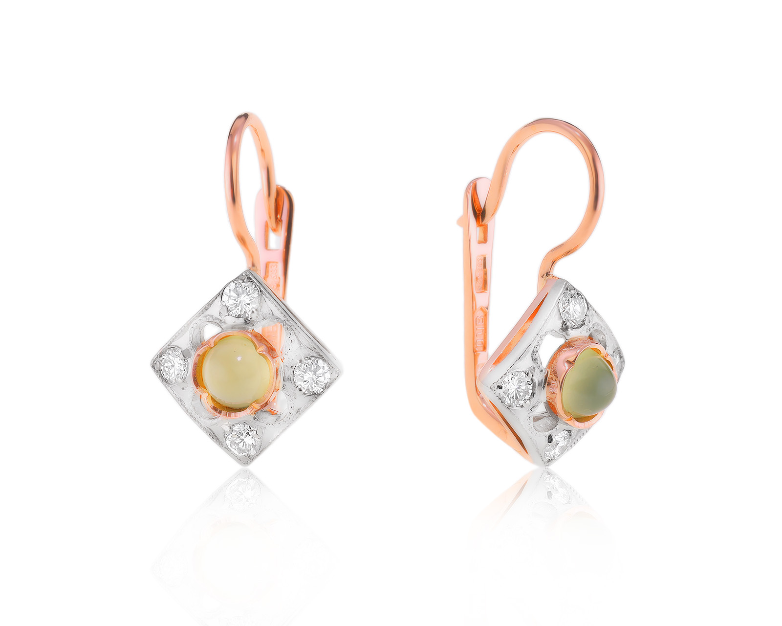 Золотые серьги с хризопразами 1.10ct и бриллиантами 0.48ct СССР 311023/4
