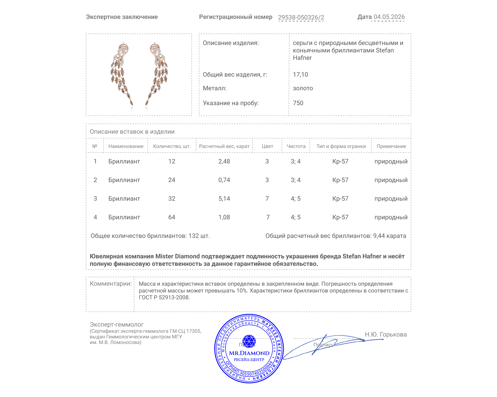 Оригинальные золотые серьги с бриллиантами 9.44ct Stefan Hafner Cigni