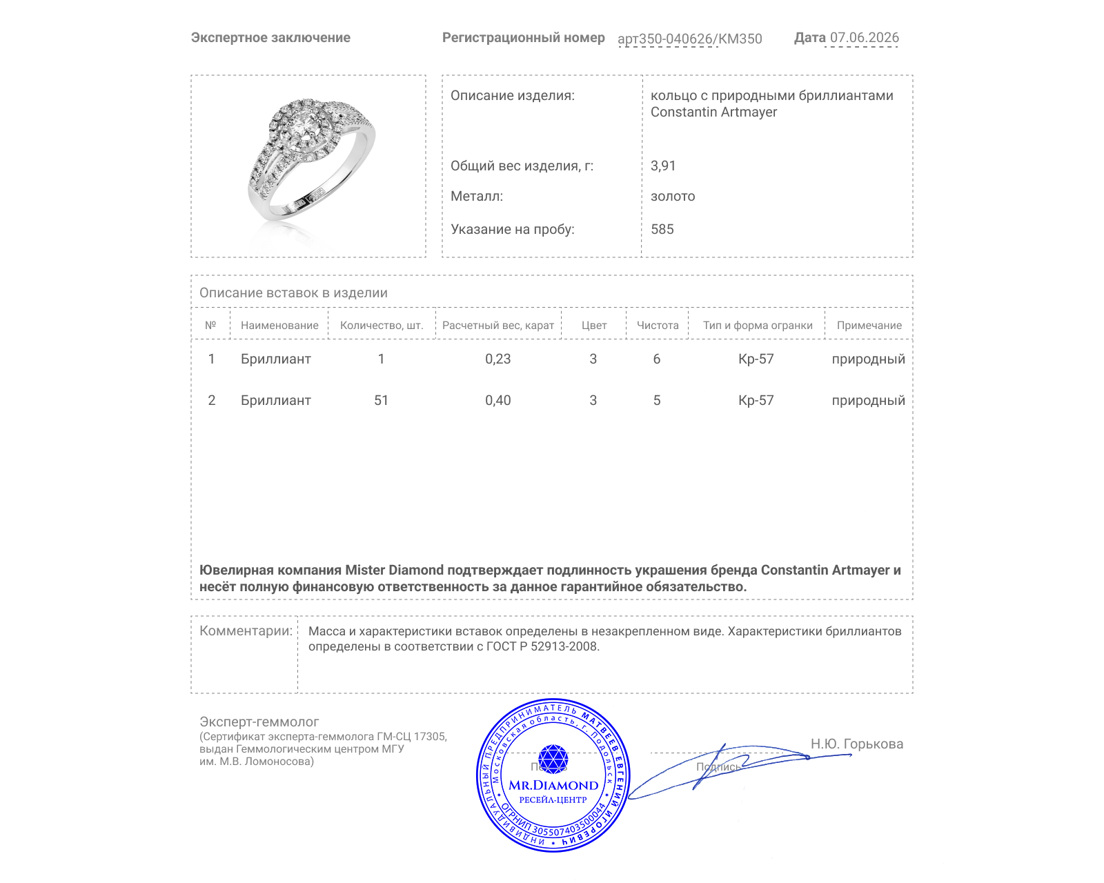 Оригинальное золотое кольцо с бриллиантами 0.63ct Constantin Artmayer