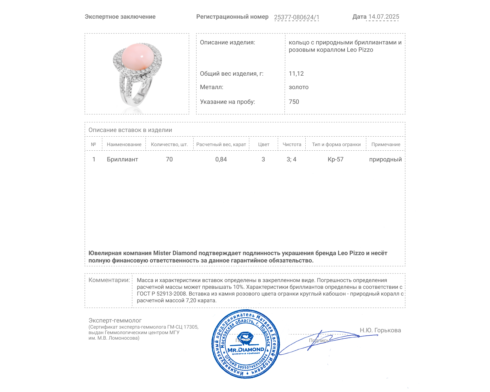 Оригинальное золотое кольцо с кораллом 7.20ct Leo Pizzo