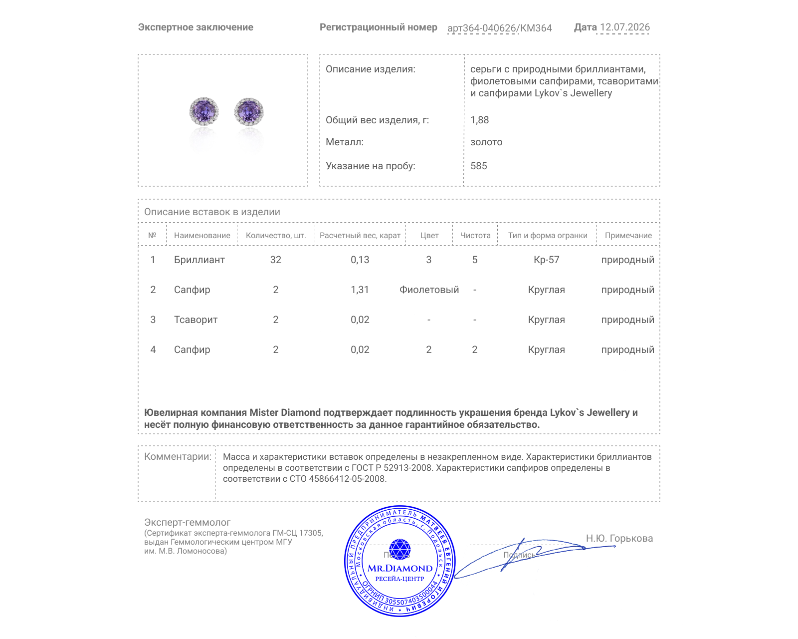 Оригинальные золотые серьги с фиолетовыми сапфирами 1.31ct Lykov`s Jewellery