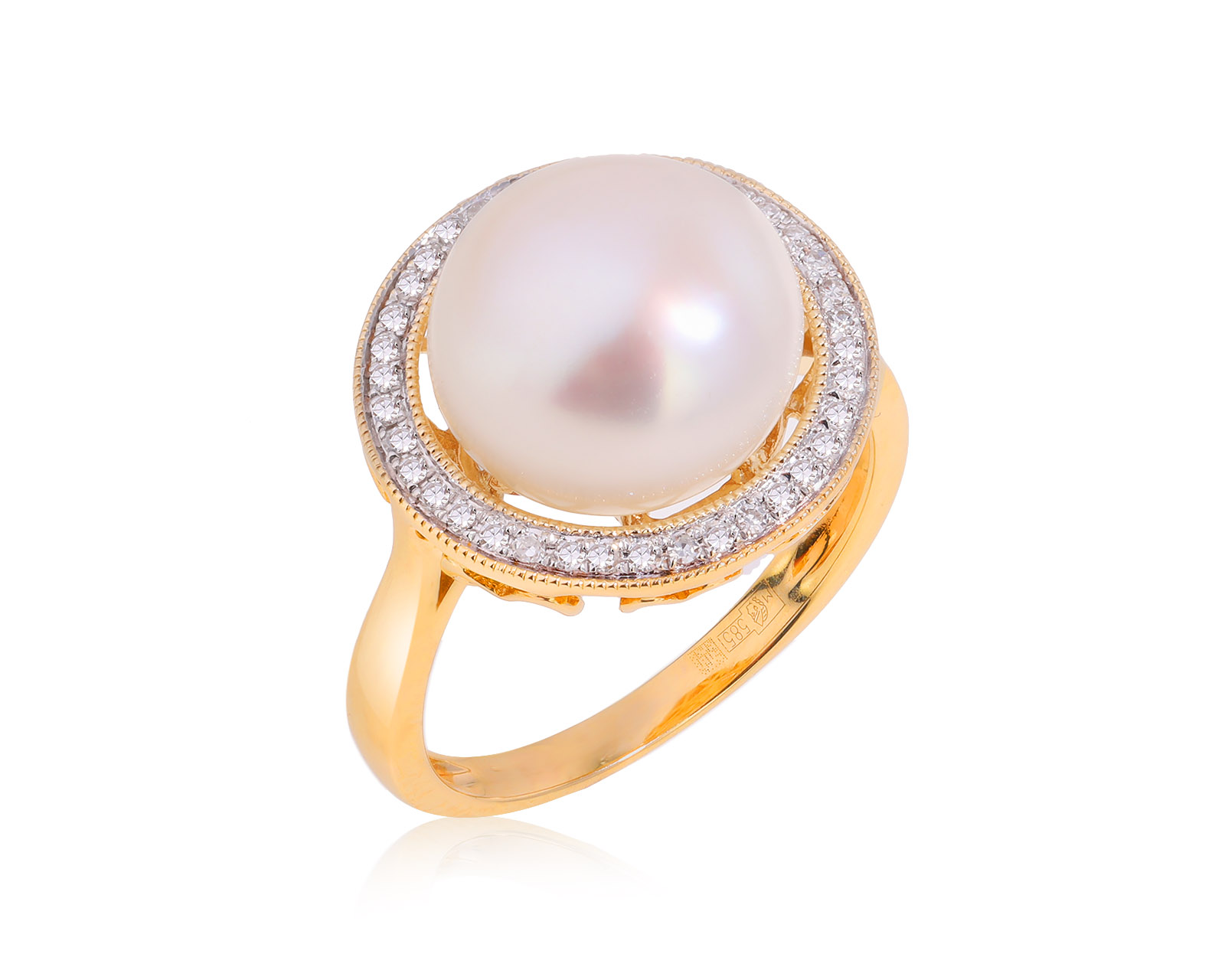 Золотое кольцо с жемчугом 9.50 мм и бриллиантами 0.11ct 151124/16