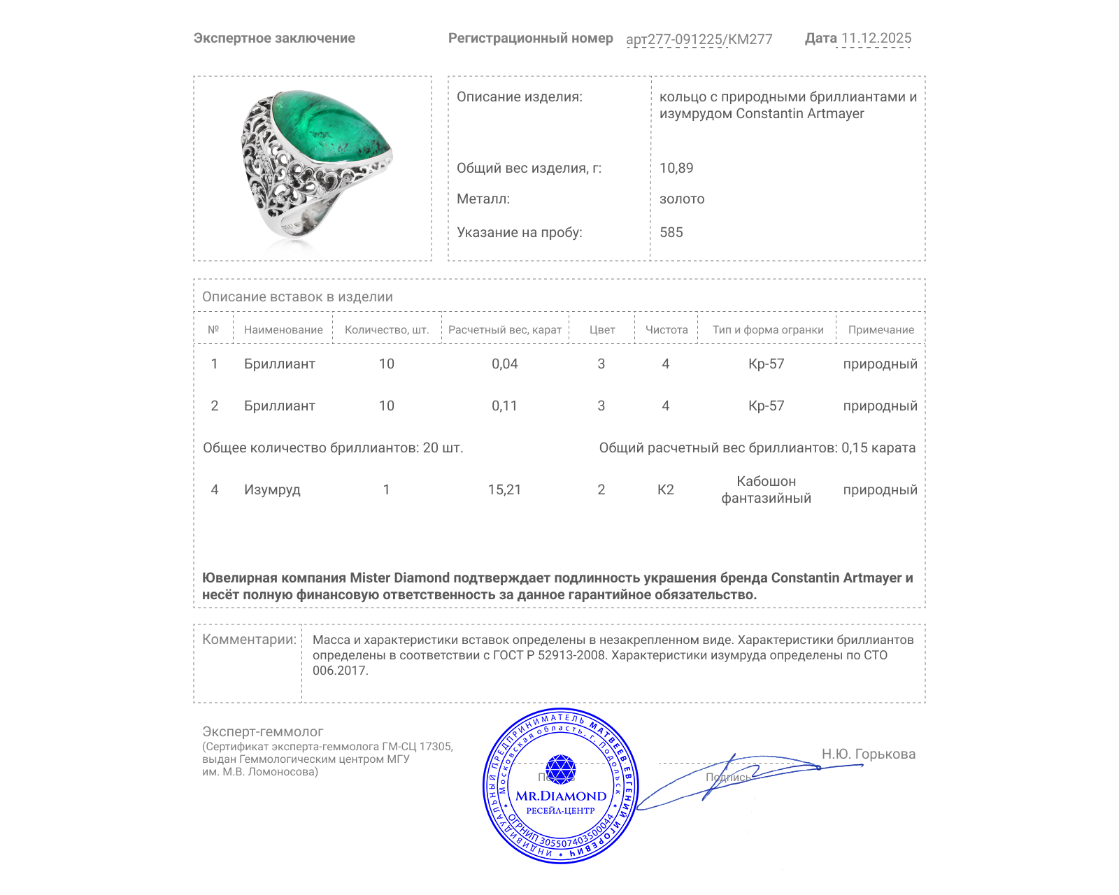 Оригинальное золотое кольцо с изумрудом 15.21ct Constantin Artmayer