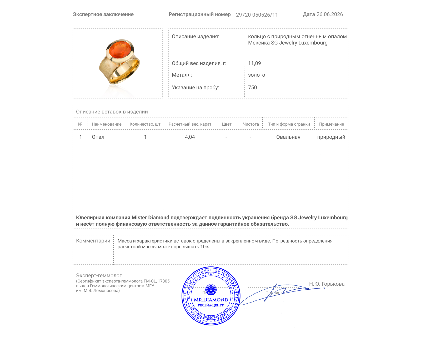 Оригинальное золотое кольцо с огненным опалом Мексика 4.04ct SG Jewelry Luxembourg