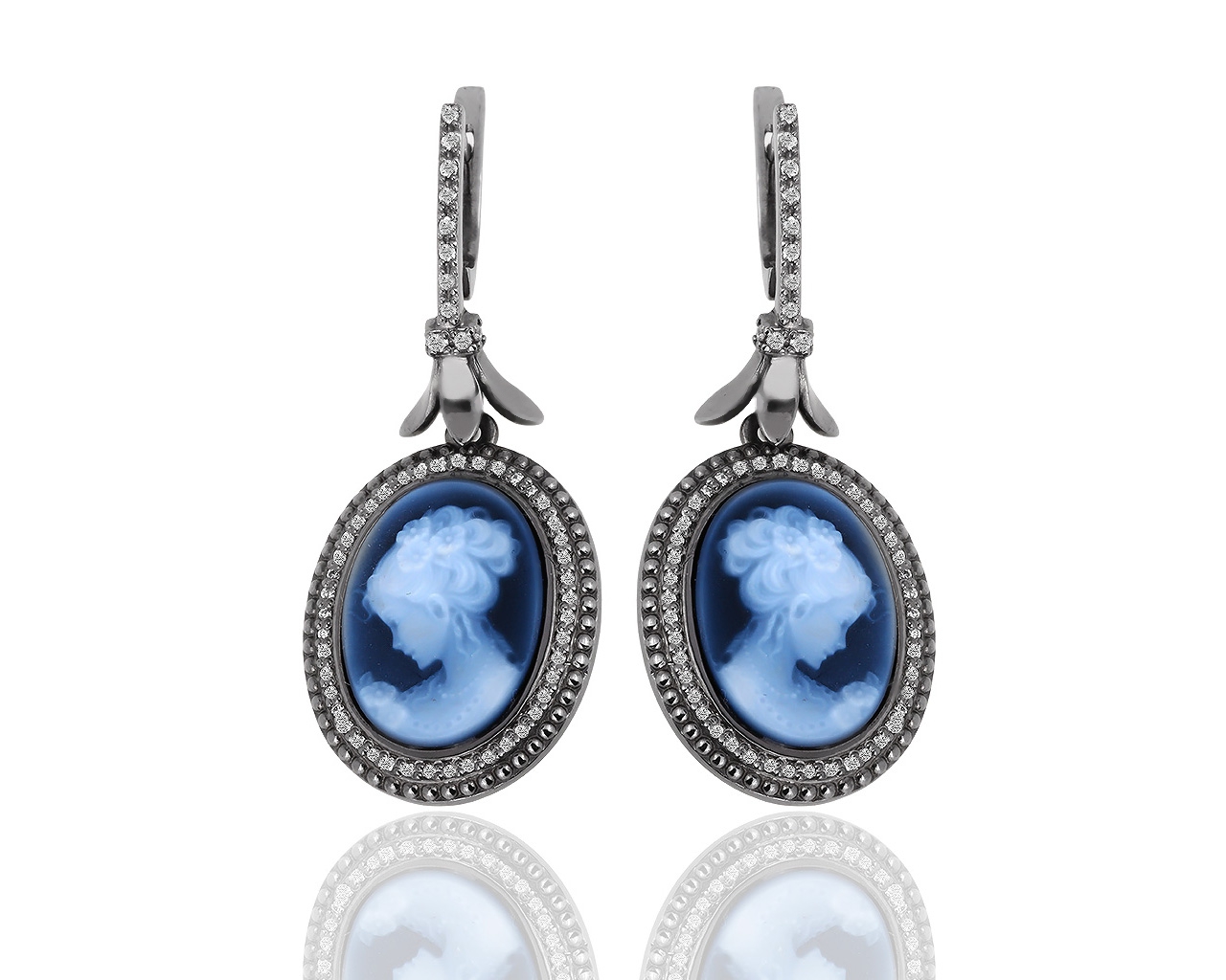 Золотые серьги с халцедоновыми камеями и бриллиантами 0.45ct 131218/10