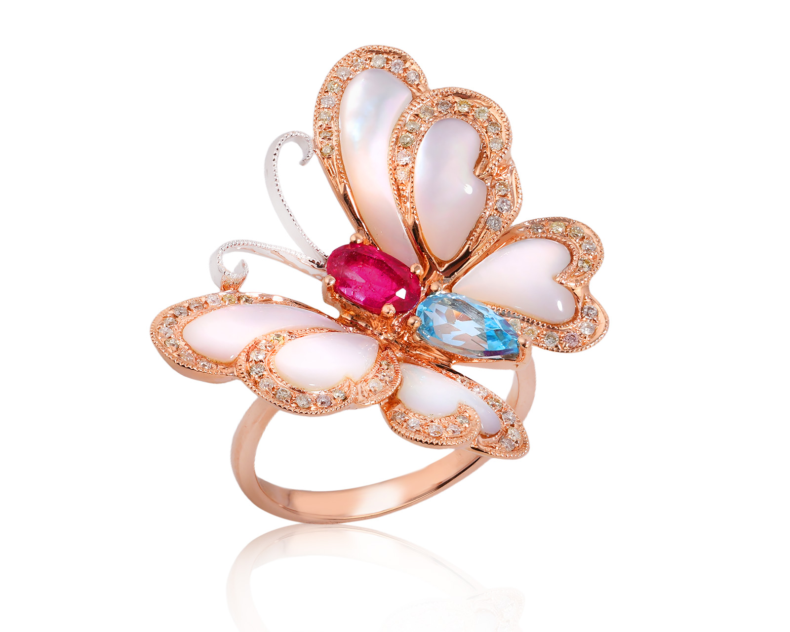 Золотое кольцо с турмалином рубеллитом 0.51ct и перламутром 3.14ct 301025/6