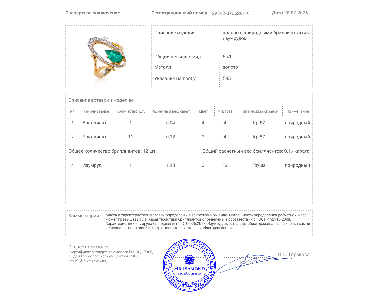 Золотое кольцо с изумрудом 1.43ct и бриллиантами 0.16ct