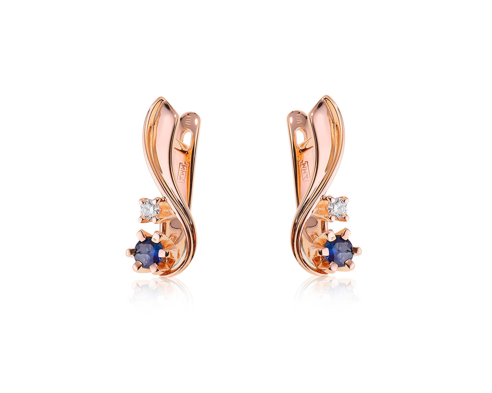 Золотые серьги с сапфирами 0.40ct и бриллиантами 0.12ct
