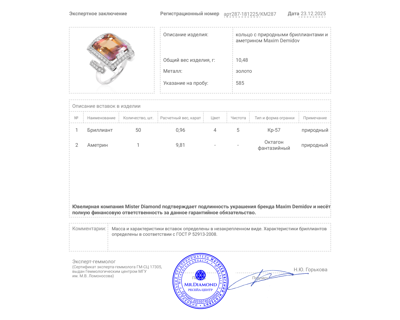 Оригинальное золотое кольцо с аметрином 9.81ct Maxim Demidov