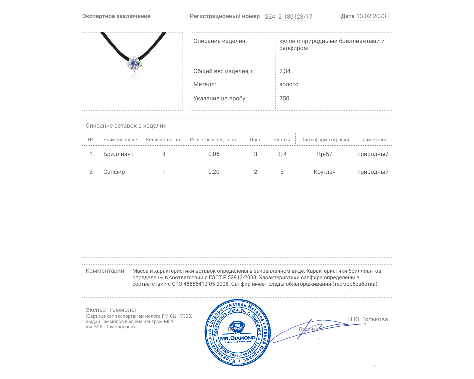 Итальянский золотой кулон с сапфиром 0.20ct