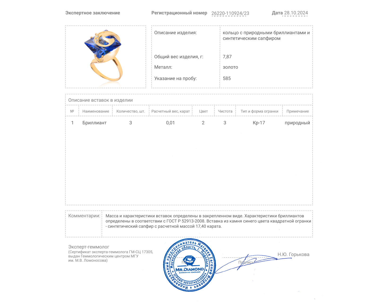 Золотое кольцо с сапфиром 17.40ct и бриллиантами 0.01ct