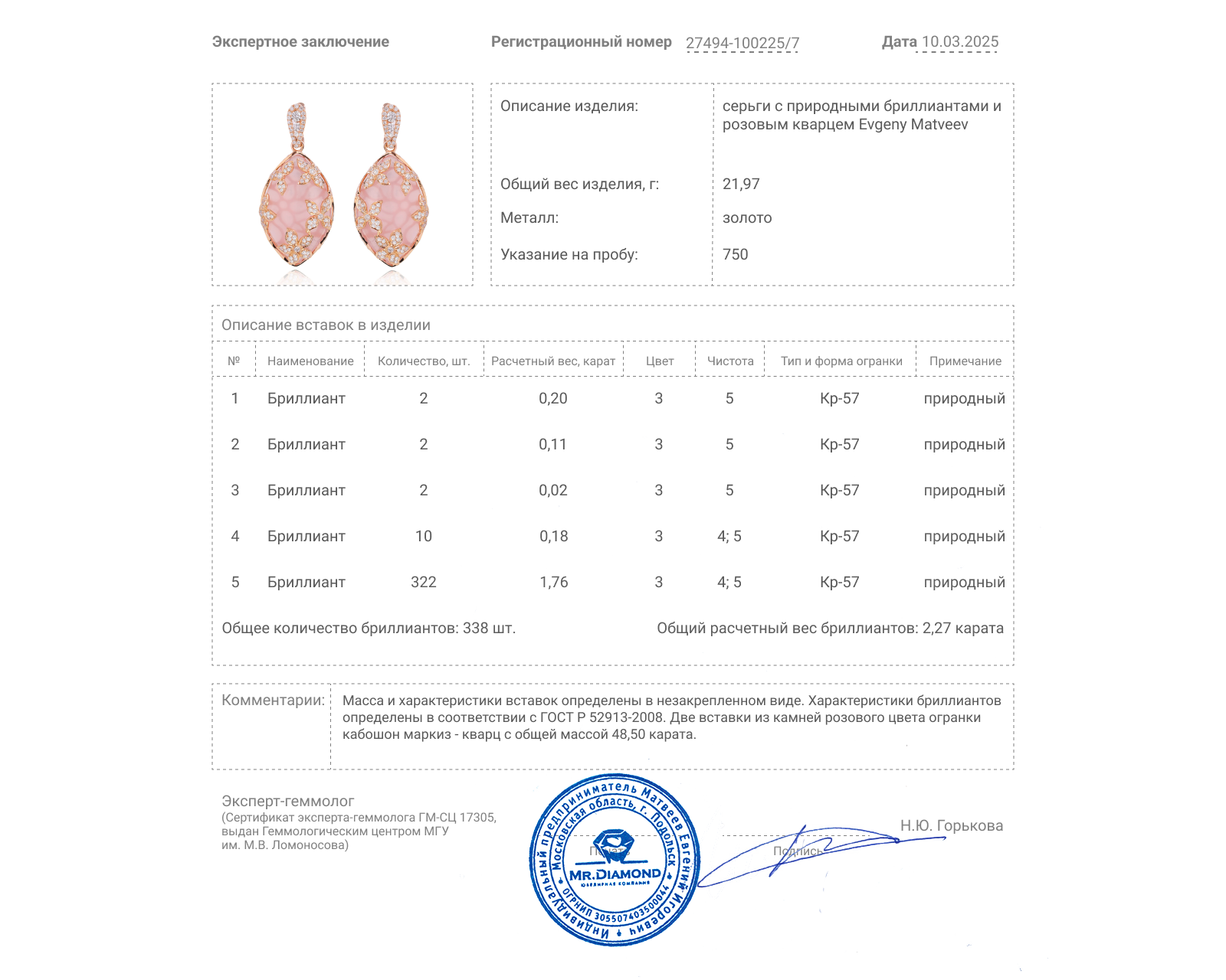 Золотые серьги с розовым кварцем 48.50ct Evgeny Matveev