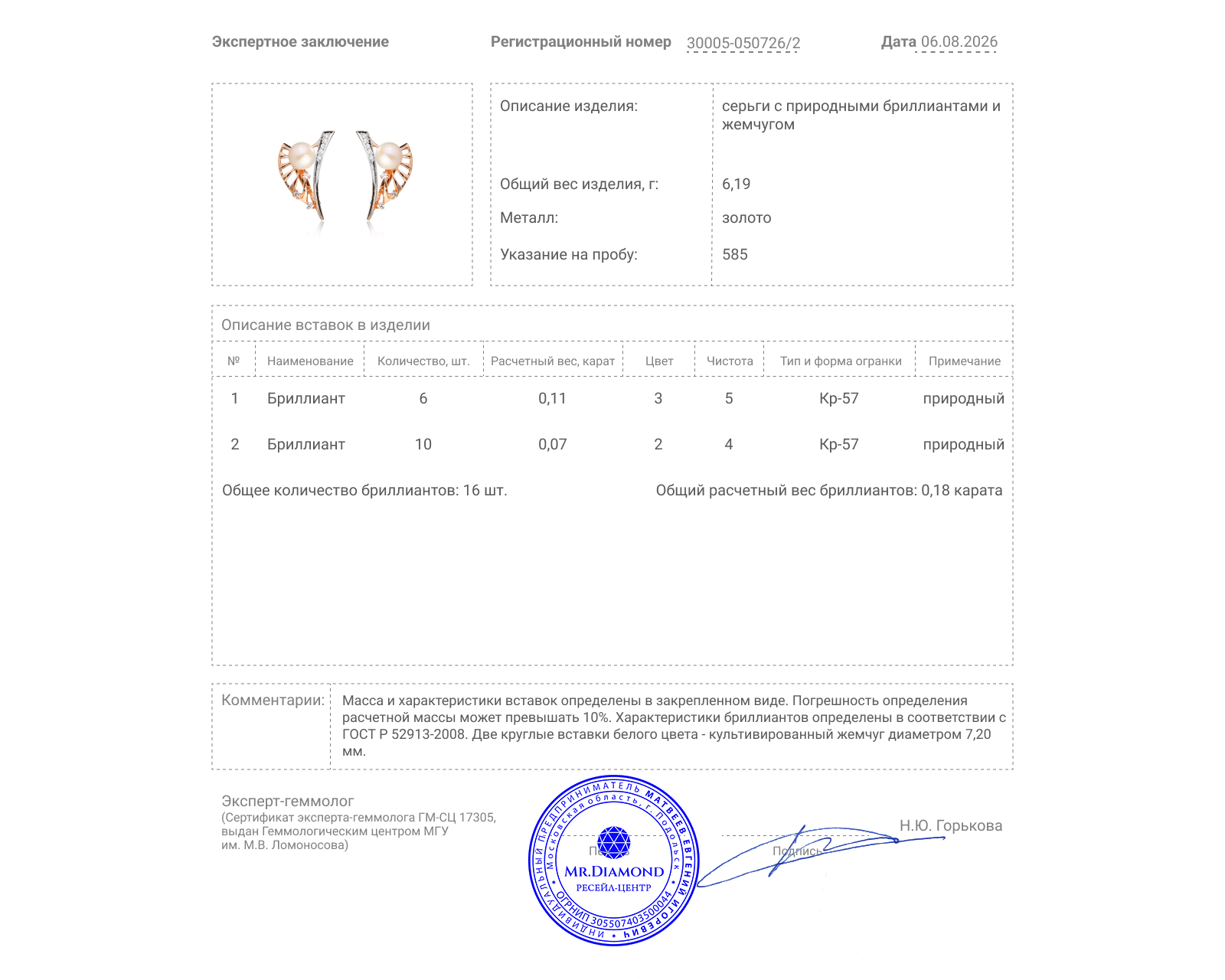 Золотые серьги с жемчугом 7.20 мм и бриллиантами 0.18ct