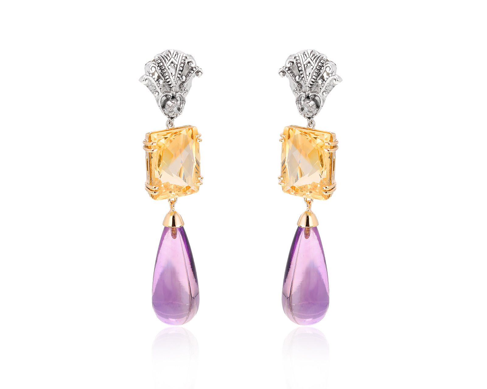 Золотые серьги с цитринами 18.40ct и аметистами 30.60ct 170124/1