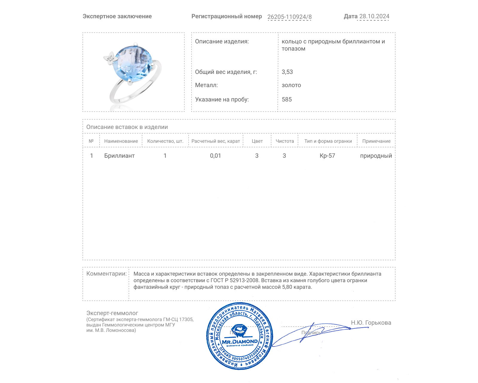 Золотое кольцо с топазом 5.80ct и бриллиантом 0.01ct