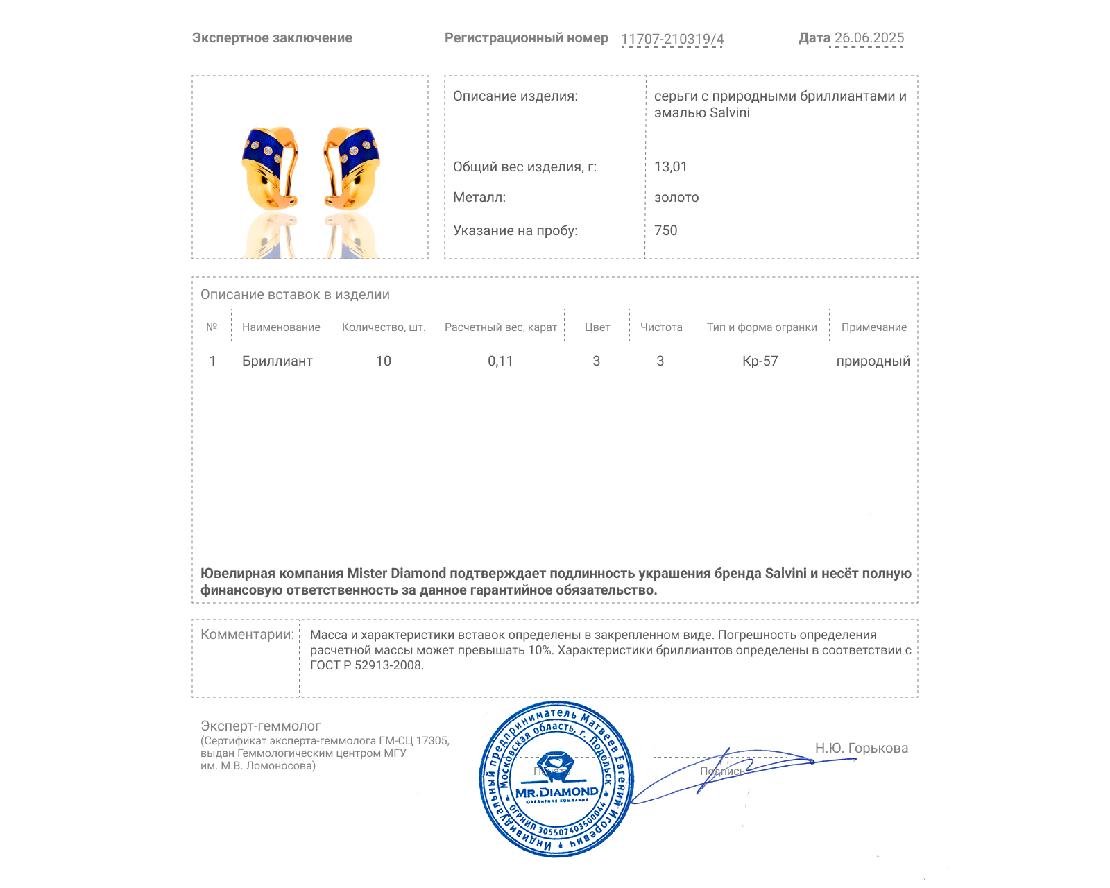 Оригинальные золотые серьги с эмалью и бриллиантами 0.11ct Salvini