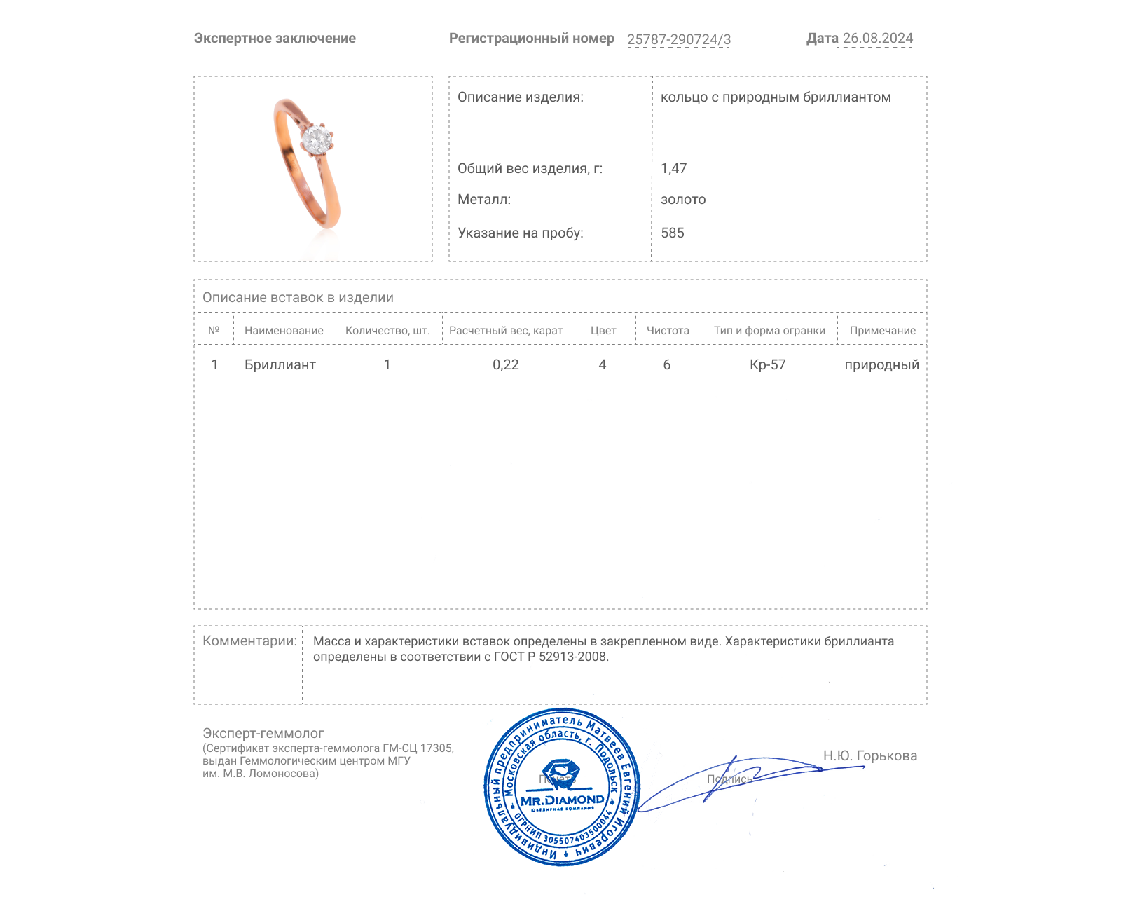 Золотое кольцо с бриллиантом 0.22ct