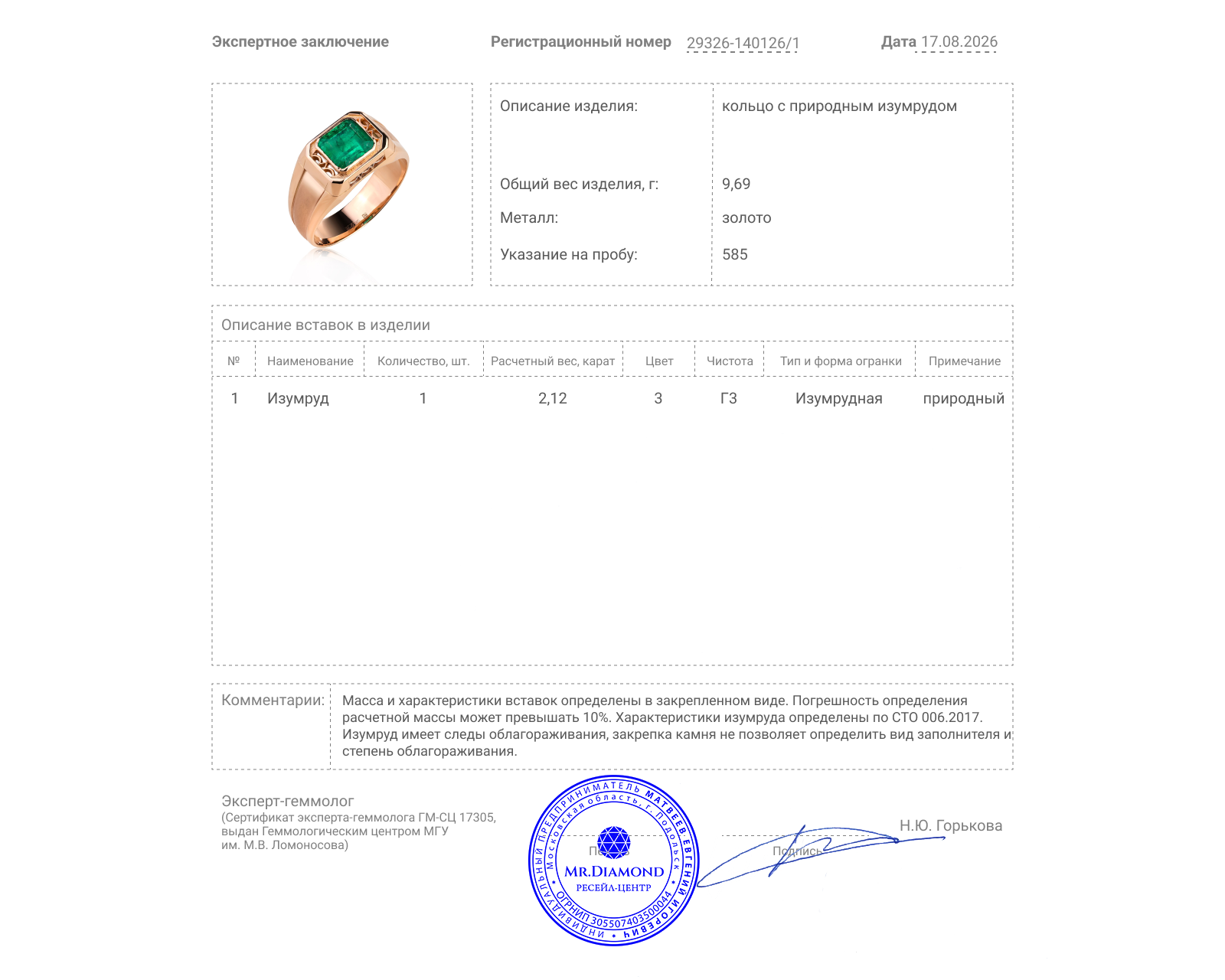 Золотое кольцо с изумрудом 2.12ct